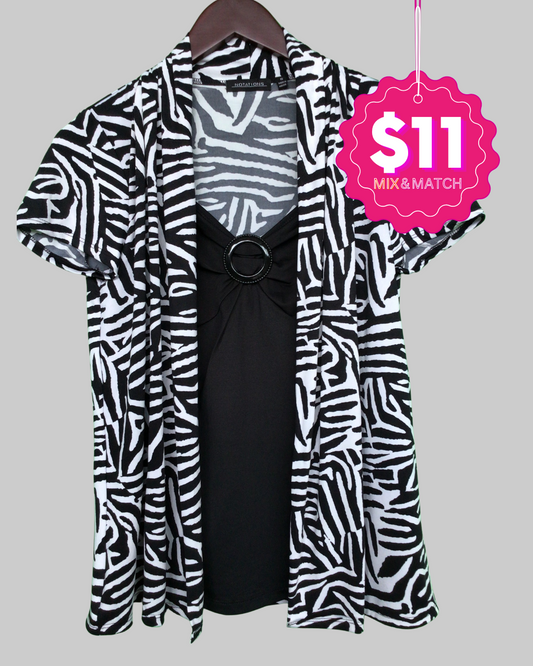 Notations Cowl Neck Black White Short Sleeve Blouse