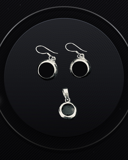 Minimalist Sterling Silver and Onyx Round Earrings and Pendant