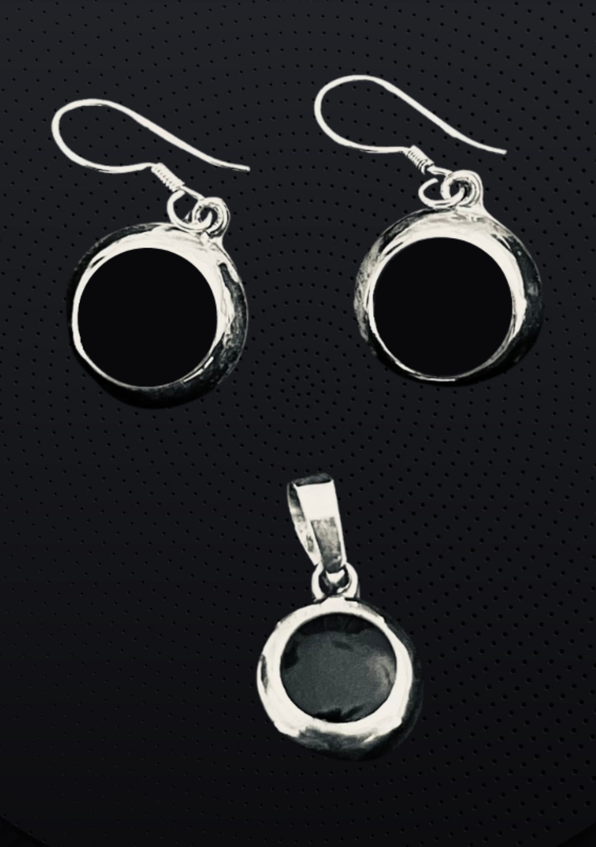 Minimalist Sterling Silver and Onyx Round Earrings and Pendant
